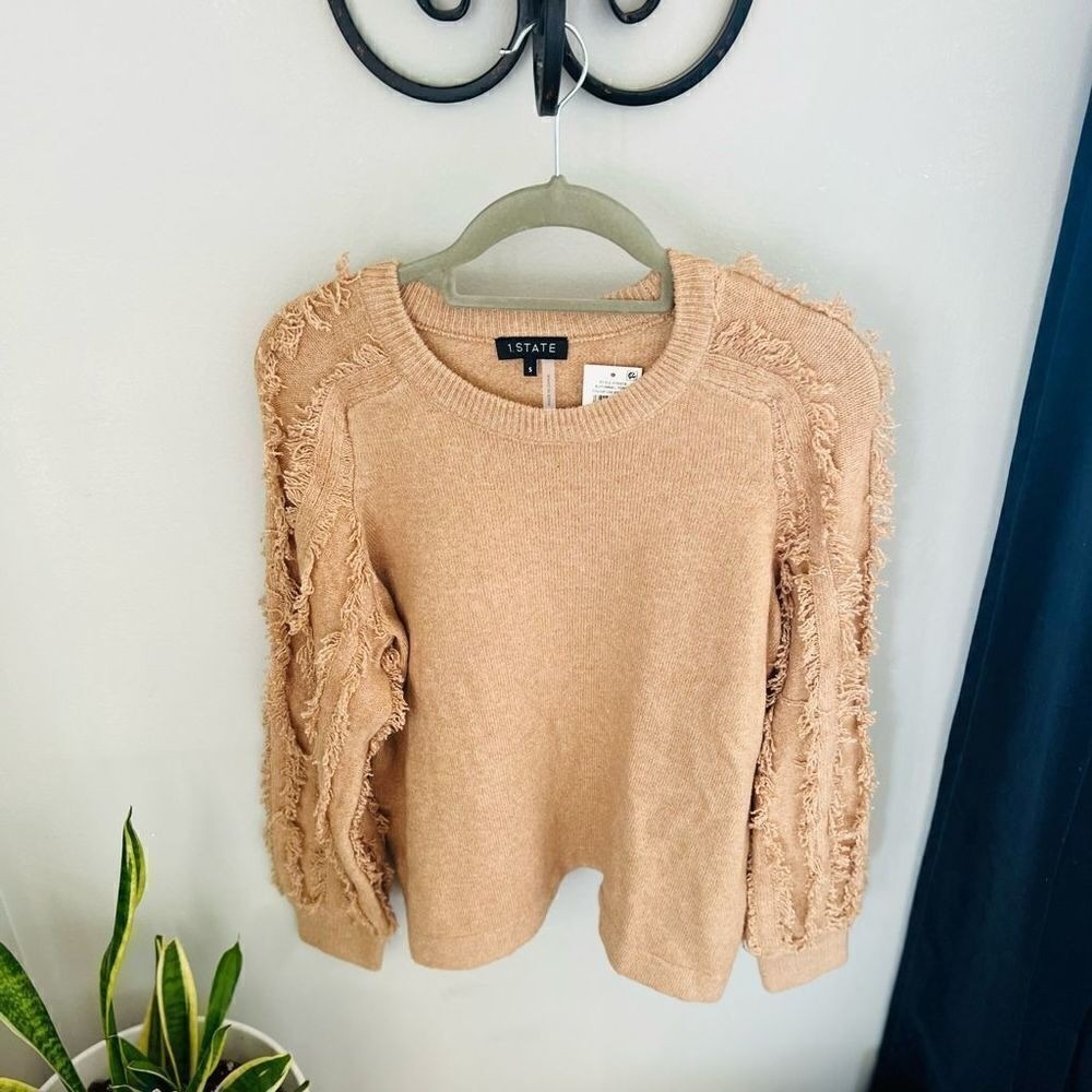 1.STATE Fringe Sleeve Sweater Top, Size Small (4-6), Tan, Wild Oak, Cozy, NWT - Picture 4 of 11